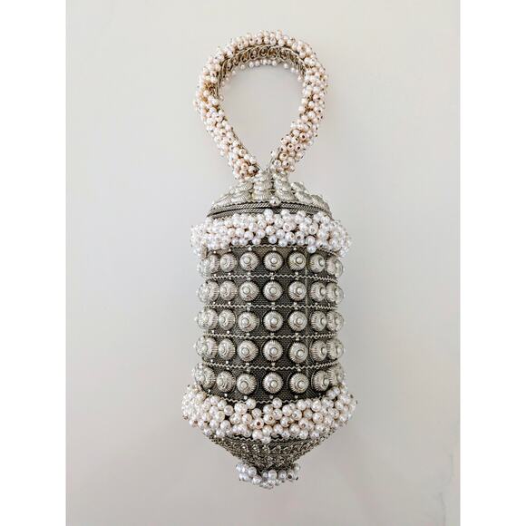 Ramla Cocktail Pearl Handmade Beaded Bag Silver Evening Clutch Purse Handbag - Picture 1 of 7